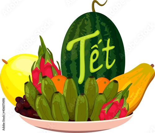 Tết-Vietnamese New Year, Vietnamese Lunar New Year or Tet Holiday. Plate with fruits for celebrating Vietnamese Lunar New Year "Tet"