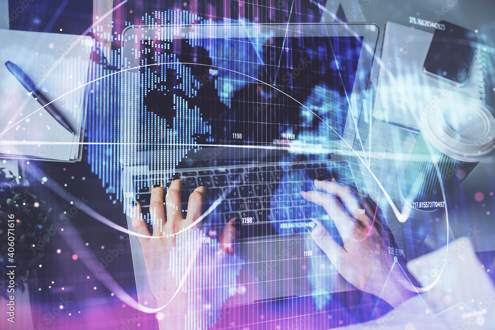 Double exposure of woman hands typing on computer and business theme hologram drawing. Success concept. Double exposure of woman hands typing on computer and business theme hologram drawing. Success concept.