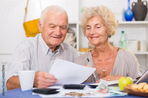 Smiling senior couple sitting at table counting home finances with laptop