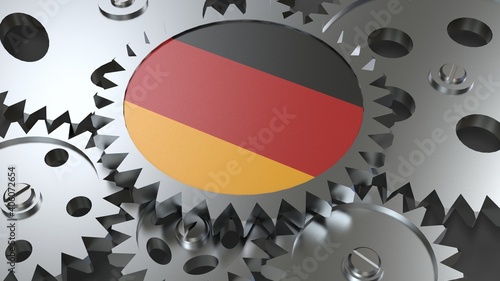 Federal Republic of Germany flag with steel manufacturing gears world country economy cooperation 3d render image