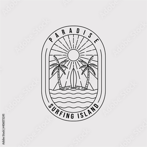 Paradise line art logo vector illustration design. surfing island emblem symbol. palm tree line art icon