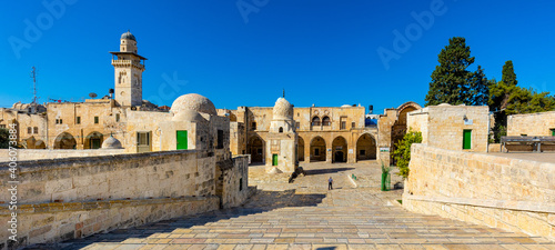 Panoramic view of Temple Mount with Islamic shrines, al-Aqsa Mosque and Bab al-Silsila minaret in Jerusalem Old City, Israel photo