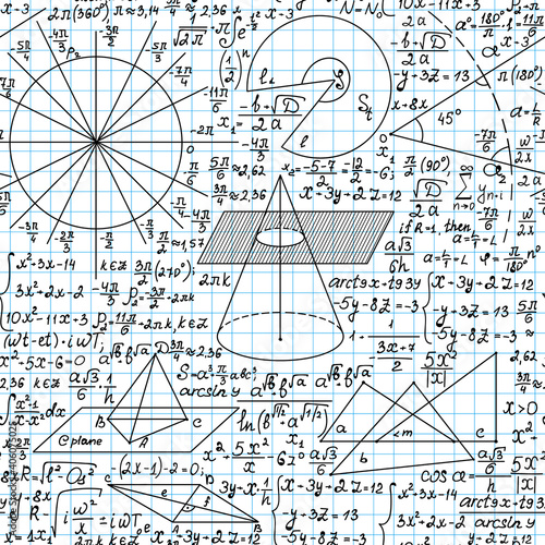 Math vector seamless pattern with handwritten formulas on a grid background