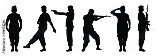 Set of female soldier silhouette vector on white background, person in the battle, military people concept.