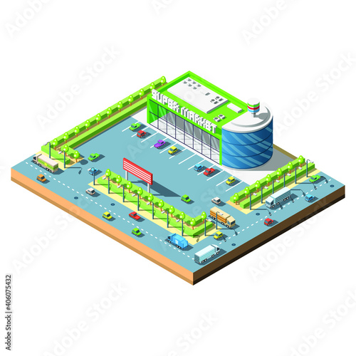 Abstract Isometric 3D City Building Supermarket Cars Vector Design Style