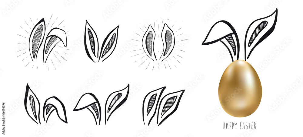 Happy Easter. Set of rabbits's ears, Gold eggs. Hand drawn illustration. Happy Easter. Set of rabbits's ears, Gold eggs. Hand drawn illustration.