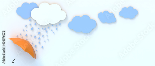 Creative idea inspiration. Umbrella Yellow and rain with blue clouds on blue sky background and leadership for success Concept - 3d rendering
