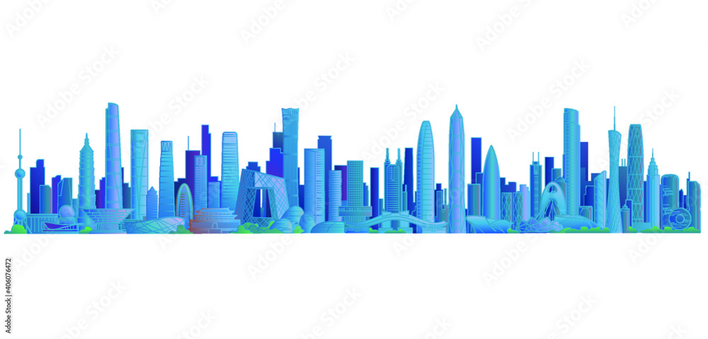 Vector illustration of Chinese city landmark buildings 