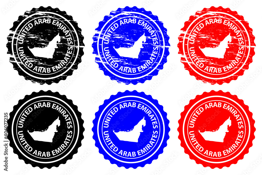 United Arab Emirates - rubber stamp - vector, United Arab Emirates (UAE) map pattern - sticker - black, blue and red