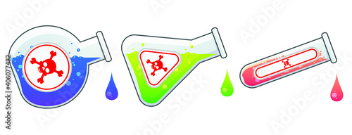 Chemical glass flasks of different forms with blue, green and pink dripping drops of poison liquids. White label with red skull and crossbones. Chemical weapon, acid or poison. Cartoon illustration.