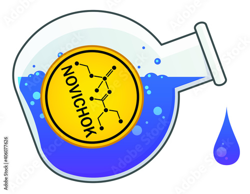 Chemical glass flask with dripping drops of poison liquids. Yellow label with novichok indicated. Nerve agent and binary chemical weapon. Cartoon illustration.