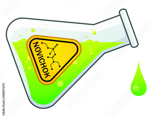 Chemical glass flask with dripping drops of poison liquids. Yellow label with novichok indicated. Nerve agent and binary chemical weapon. Cartoon illustration.