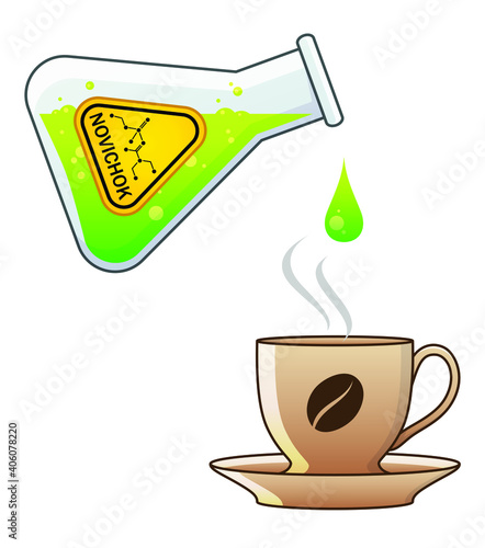 Green poisonous liquid dripping from a chemical glass flasks into coffee cup, food poisoning. Yellow label with Novichok indicated. Dangerous nerve agent and binary chemical weapon for killing people.