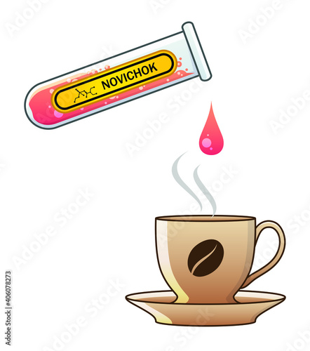 Pink hazardous liquid dripping from a chemical glass flasks into coffee cup, food poisoning. Yellow label with Novichok indicated. Dangerous nerve agent and binary chemical weapon for killing people.