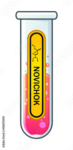 Chemical laboratory glass flask with pink liquid. Yellow label with novichok indicated. Nerve agent and binary chemical weapon. Poison or acid. Cartoon illustration.