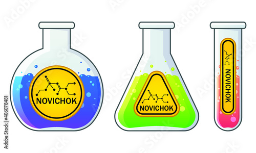 Chemical glass flasks of different forms with blue, green and pink liquids. Yellow label with novichok indicated. Nerve agent and binary chemical weapon. Poison or acid. Cartoon illustration.