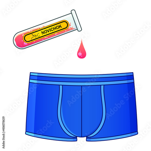 Pink poisonous liquid dripping from a chemical glass flasks into blue underpants. Yellow label with Novichok indicated. Dangerous nerve agent and binary chemical weapon for killing people.