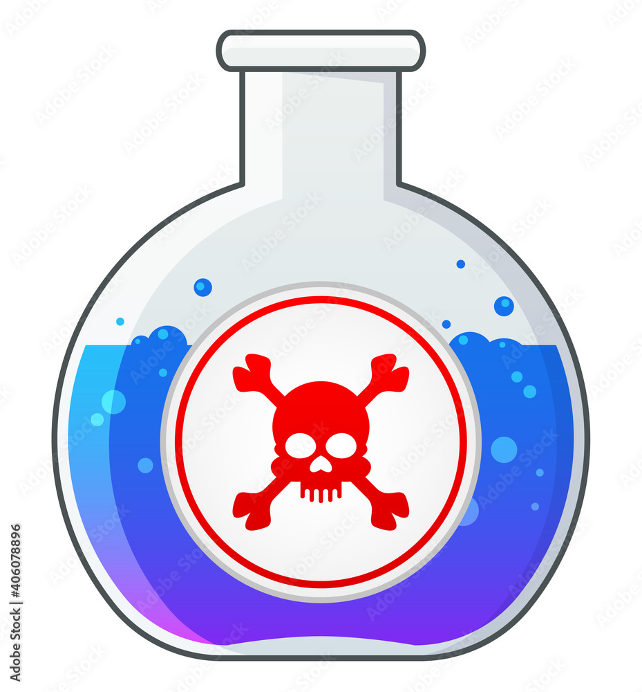 Chemical glass flask with dangerous poison liquids. White label with red skull and crossbones. Chemical weapon, acid or poison. Cartoon illustration.