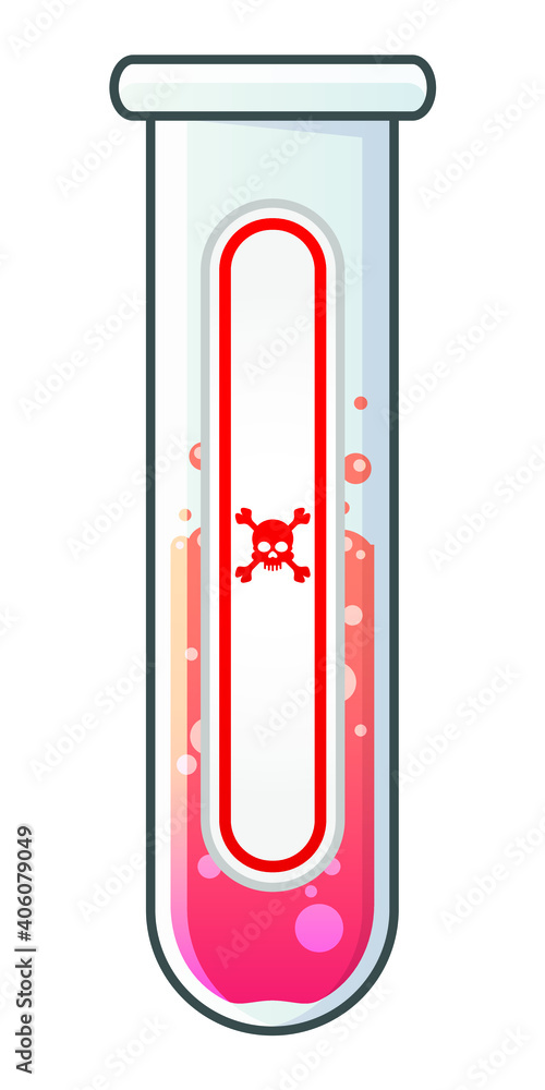 Chemical glass flask with dangerous poison liquids. White label with red skull and crossbones. Chemical weapon, acid or poison. Cartoon illustration. Chemical glass flask with dangerous poison liquids. White label with red skull and crossbones. Chemical weapon, acid or poison. Cartoon illustration.