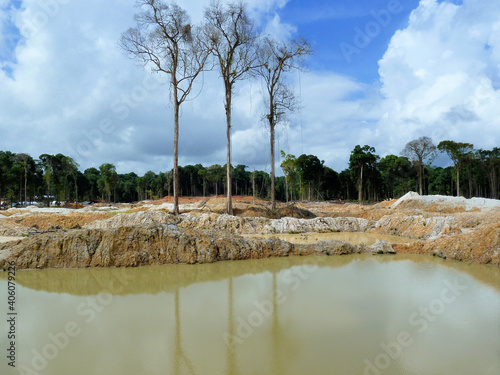 Rainforest destruction. Gold mining place in Guyana, South America. Similar as in Brazil.
Amazon and Essequibo basin deforestation. Brazil deforestation. Venezuela deforestation. photo