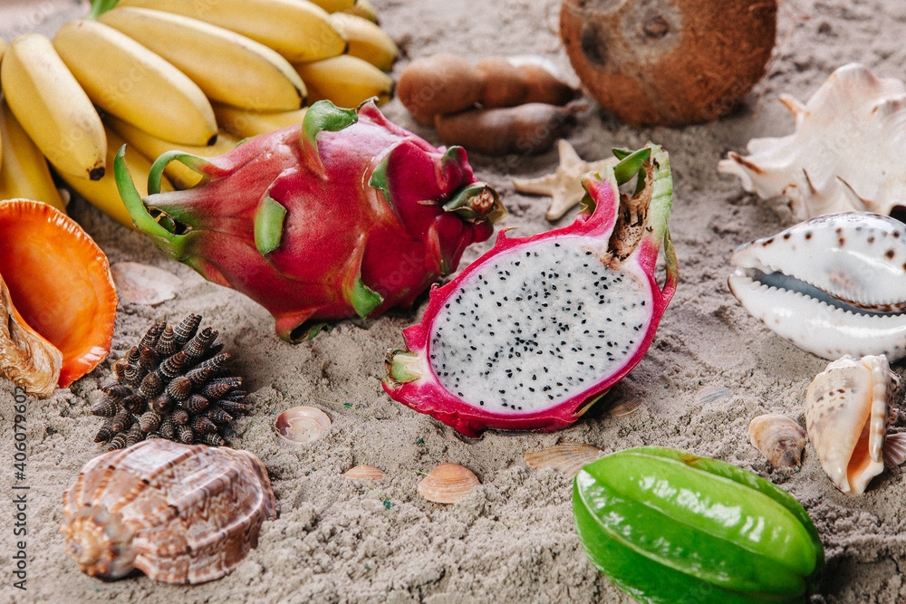 Tropical fruits. lots of colorful ripe tropical fruits Tropical fruits. lots of colorful ripe tropical fruits