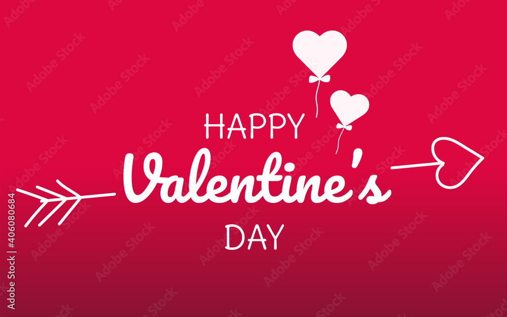 Happy valentines day typography poster with handwriting calligraphy text, heart balloon and love arrow shapes on isolated gradient background. Vector illustration. invitation, banner template.