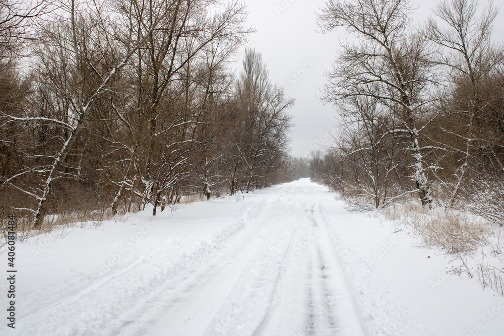 Snowy road in the forest. Winter landscape. Snowy road in the forest. Winter landscape.