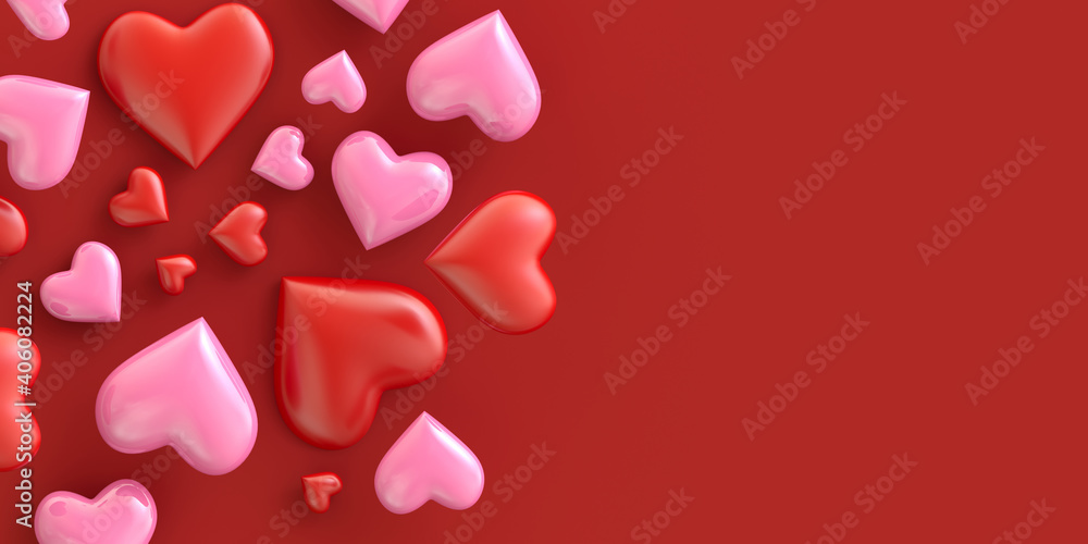 Red and pink hearts on a red background. Valentine's day card.