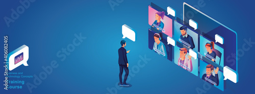 Businessmen use Video conference landing Working People on window screen taking with colleagues. Videoconferencing and online meeting workspace page, man and woman learning Vector illustration, Flat	