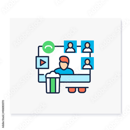 Virtual movie watching color icon. Meeting together concept. Internet streaming website. Live stream. Social distanced film party. Remote public event. Isolated vector illustration