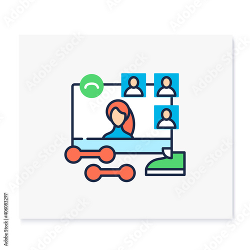 Online fitness classes color icon. Sport Meeting together concept. Internet streaming website. Social distanced gym. Public live stream physical training. Isolated vector illustration