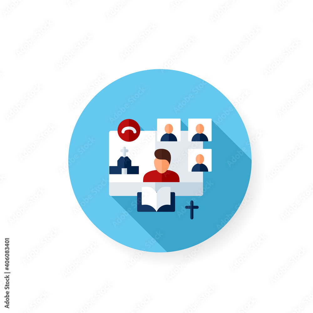 Online religious service flat icon. Meeting together concept. Internet streaming website. Live, social distanced sermon. Remote public liturgy, community.Isolated color vector illustration with shadow