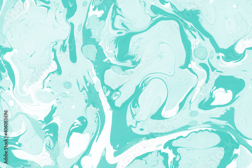 Fototapeta Naklejka Na Ścianę i Meble -  Aqua marble ink texture on watercolor paper background. Marble stone image. Bath bomb effect. Psychedelic biomorphic art.