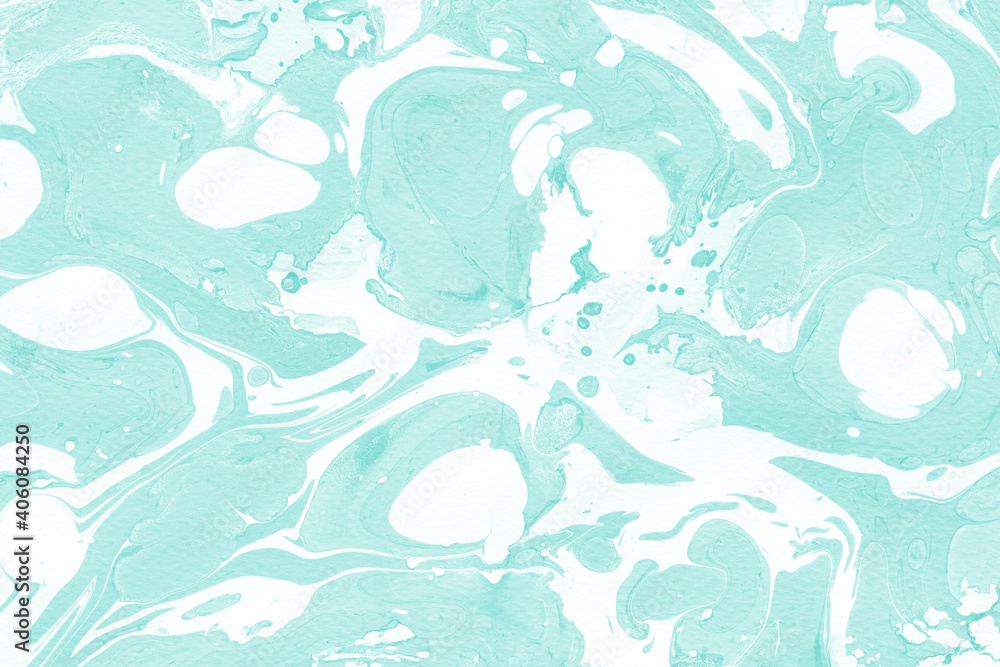 Fototapeta premium Aqua marble ink texture on watercolor paper background. Marble stone image. Bath bomb effect. Psychedelic biomorphic art.