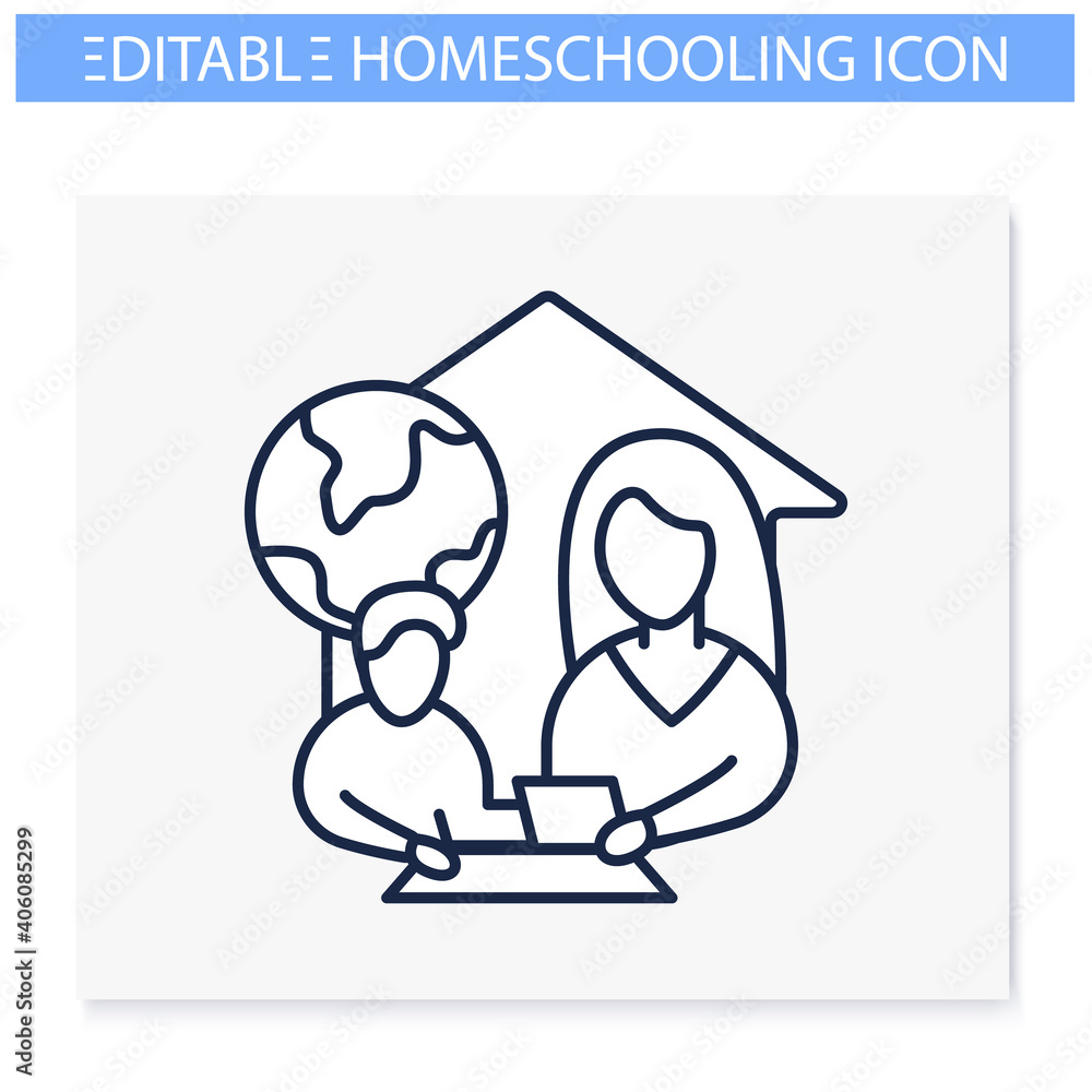 Geography lesson line icon. Child teaches geographics with mother. Home education concept. Distant remote teaching and homeschooling. Editable vector illustration 