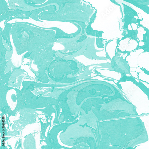 Aqua marble ink texture on watercolor paper background. Marble stone image. Bath bomb effect. Psychedelic biomorphic art.