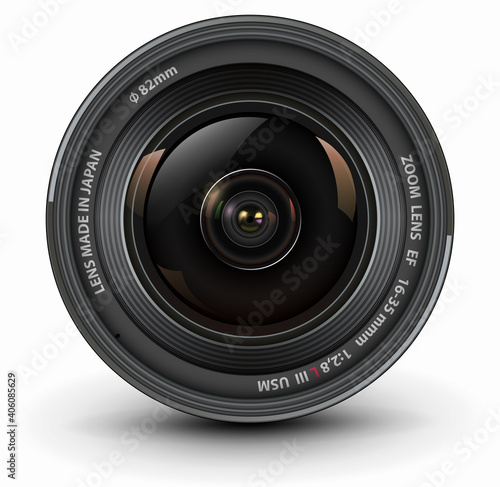 Camera photo lens, front view, realistic 3D vector icon.