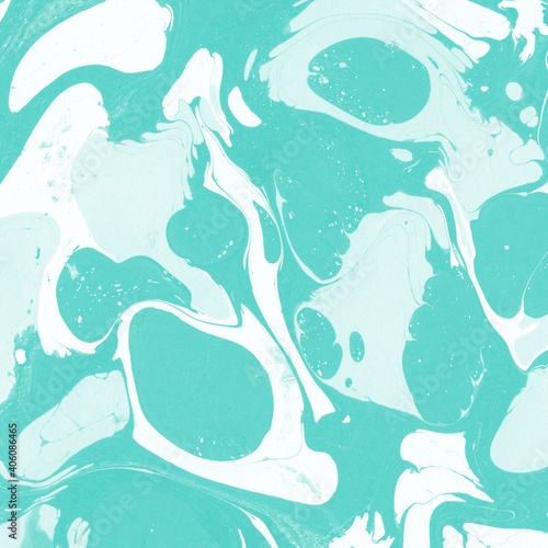 Aqua marble ink texture on watercolor paper background. Marble stone image. Bath bomb effect. Psychedelic biomorphic art.