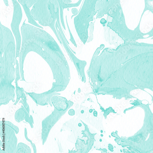 Aqua marble ink texture on watercolor paper background. Marble stone image. Bath bomb effect. Psychedelic biomorphic art.