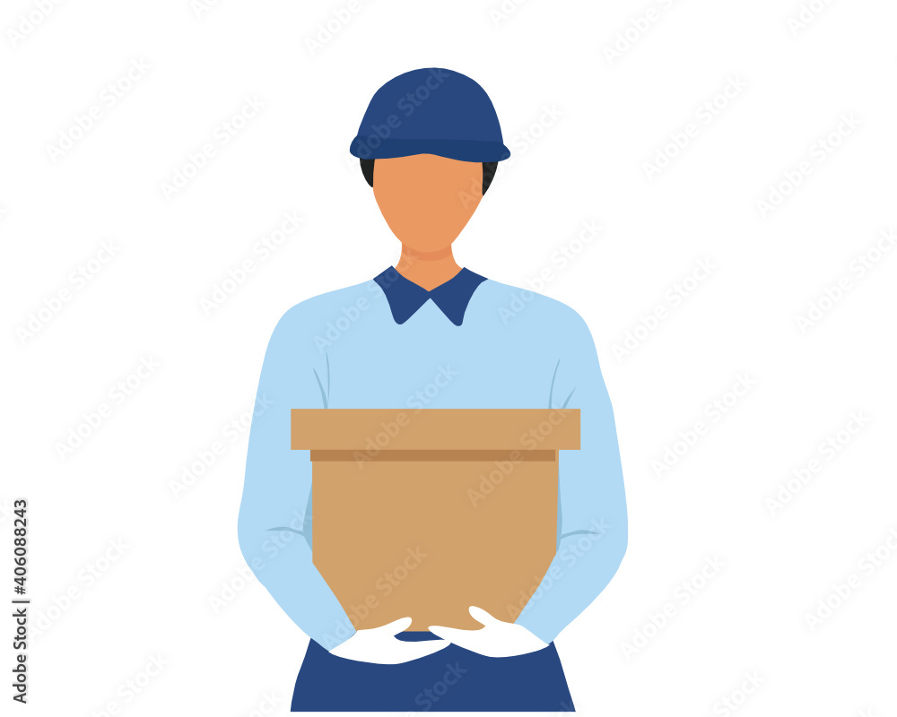 A young man delivery holding courier box for deliver to customer vector illustration. Delivery service and online shopping concept A young man delivery holding courier box for deliver to customer vector illustration. Delivery service and online shopping concept