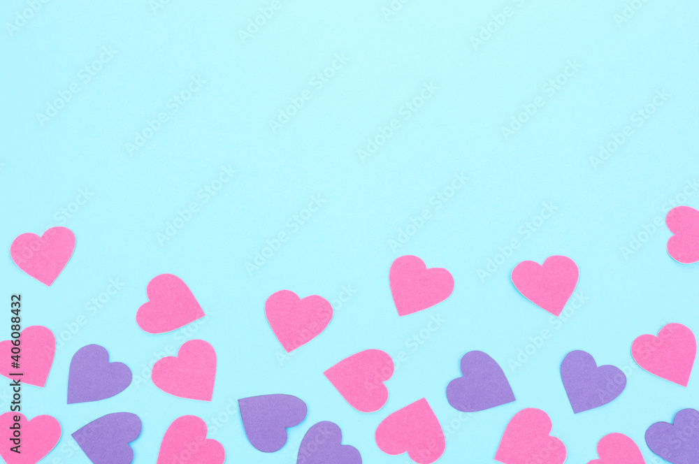 Paper pink and purple hearts on blue background, Greeting Card, Valentine's Day - Holiday, Wedding, Celebration