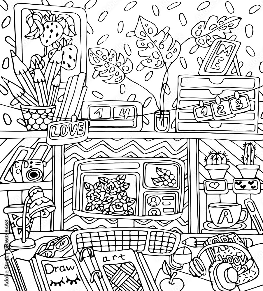 Black and white vector hand-drawn picture  coloring antistress room interior with computer, cacti, flowers, headphones, mug, camera, lamp, apple, books, glasses, table, pencils, photos, stickers