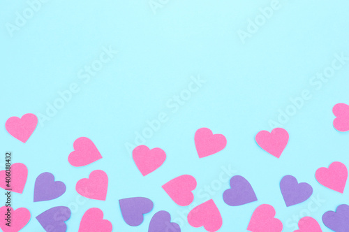 Paper pink and purple hearts on blue background, Greeting Card, Valentine's Day - Holiday, Wedding, Celebration