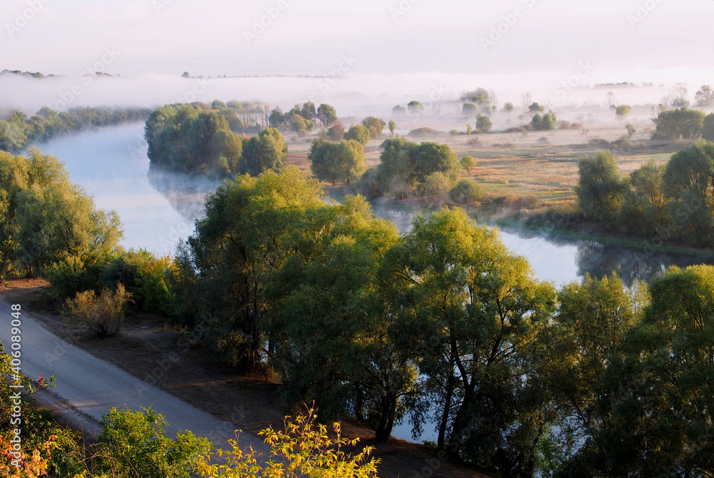 View from the high right bank to the Desna River  in the autumn morning