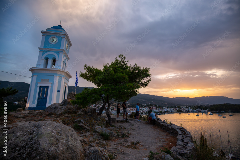 beautiful sunset over the sea of Poros, Greece