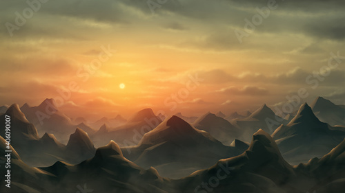 Background of rocky mountains stretching to the horizon with a sunset. Fantasy landscape. Digital painting illustration