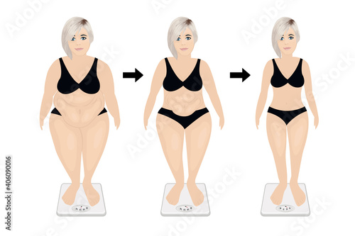 Fat and slim girl before and after dieting or weight loss exercising. good workout result the concept vector illustration