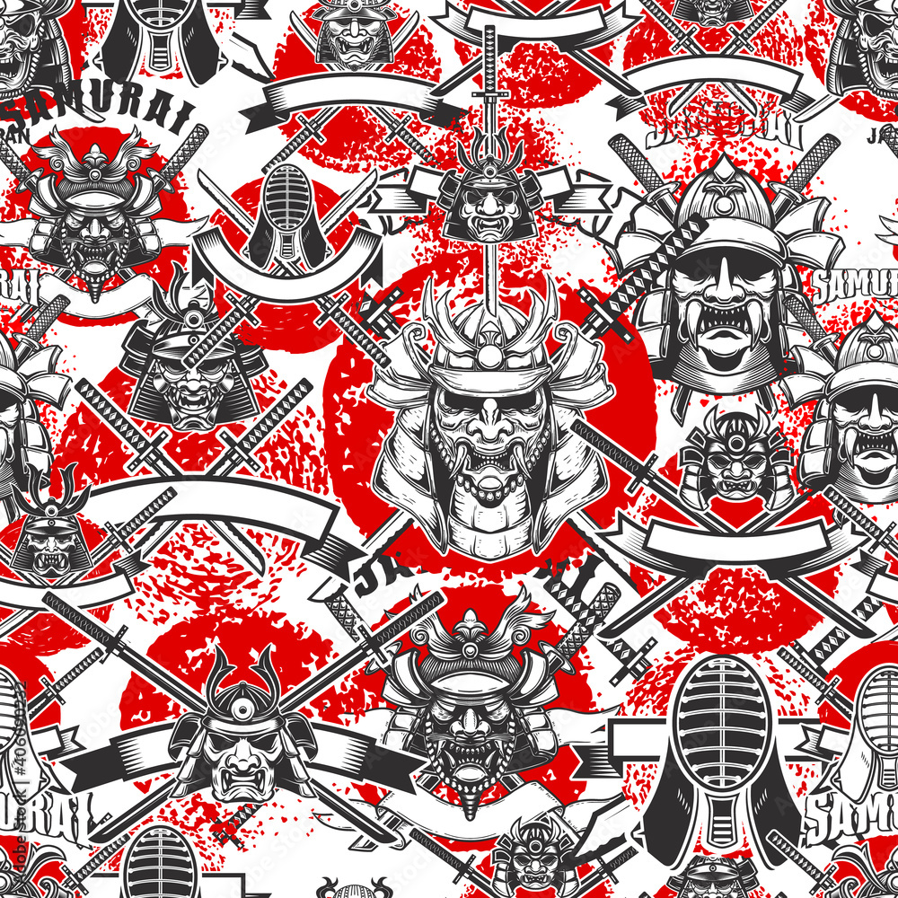 Seamless pattern with samurai masks in monochrome style. Design element for poster, card, banner.
