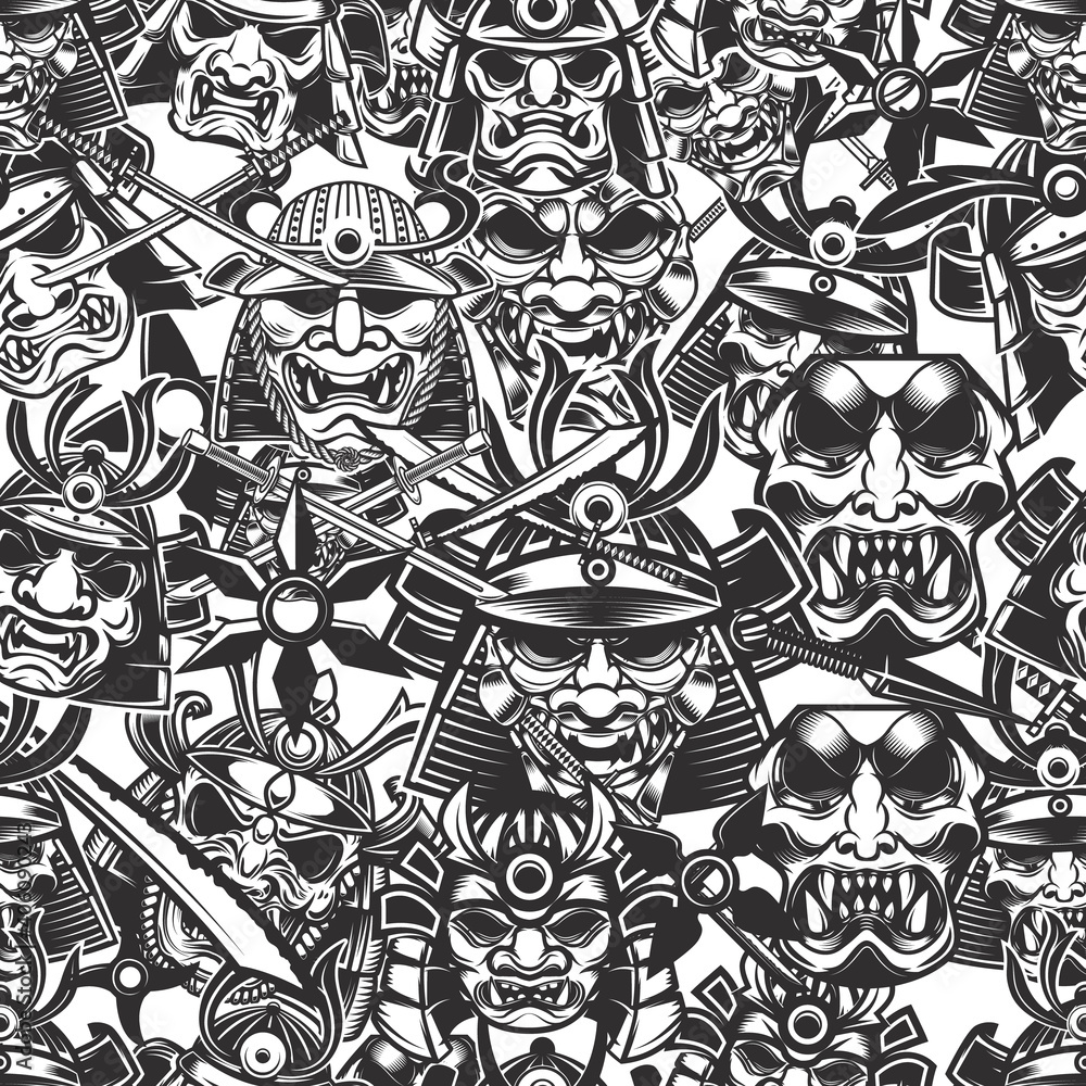 Obraz premium Seamless pattern with samurai masks in monochrome style. Design element for poster, card, banner.