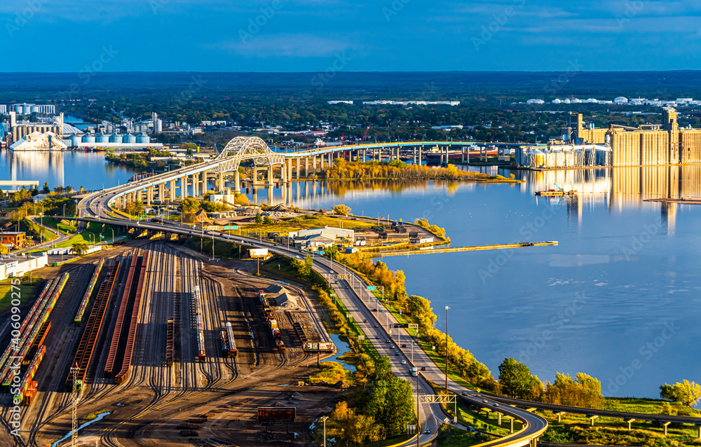 St Louis Bay in Duluth Minnesota shot from Skyline Drive. Railroad yards and Blatnik Bridge in Bay. Late Light